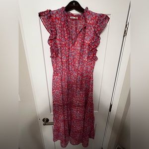 Red maxi dress with blue floral detail. Size medium. Brand Dex.